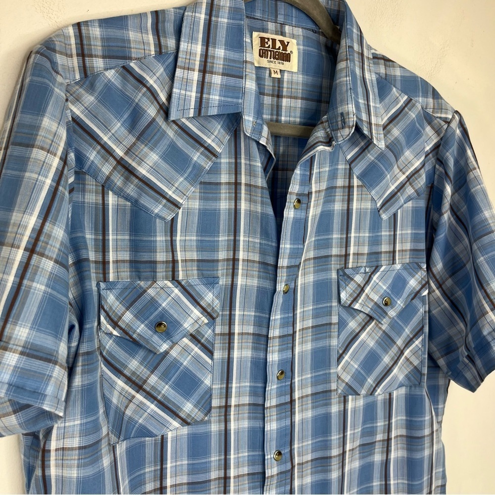 Ely Cattlemen Size Medium Pearl Snap Blue Plaid Short Sleeve Western Shirt AA4 - Picture 2 of 7